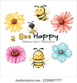 Cute Honey Bees Happy And Variety of Flowers Elements Watercolor Vector File , Clipart cartoon style For banner, poster, card, t shirt