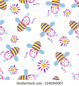 Cute Honey Bees with Head Phones Vector Seamless Pattern