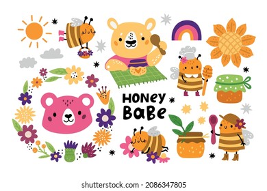 Cute honey bees. Kids funny characters. Cartoon animals and honeybees. Flying insects. Bears with pot and spoon. Natural sweet products. Flowers and sky elements. Vector