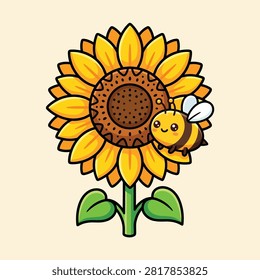 Cute honey bees perched on sunflowers illustration animal nature icon isolated flat vector