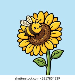 Cute honey bees perched on sunflowers illustration animal nature icon isolated flat vector