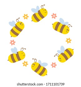 Cute honey bees round frame vector illustration isolated on white background.
