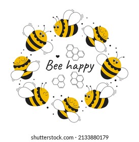 Cute honey bees round frame for your design. Kawaii vector illustration
