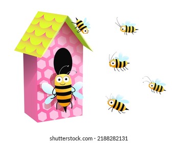 Cute honey bees and their hive house, cartoon for kids, bees baby characters. Funny bee hive vector illustration for children.