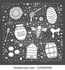 Cute honey doodles with lines, dots, symbols isolated on the blackboard.