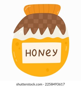 Cute honey in glass jar with checkered towel in trendy naive style. Popular dessert. Organic natural sweets for breakfast and tea. Vector hand drawn clipart illustration isolated. Cafe menu.