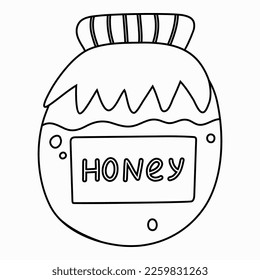 Cute honey in glass jar with checkered towel in trendy naive style. Popular dessert. Organic natural sweets for breakfast and tea. Vector hand drawn doodle illustration isolated. Cafe menu.