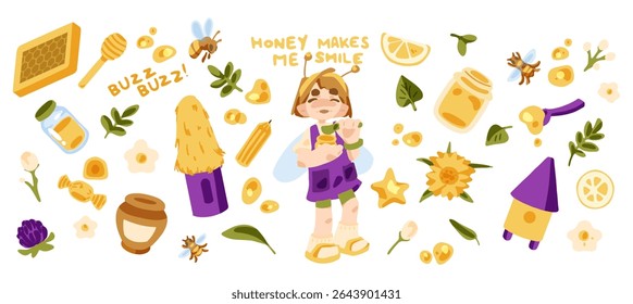 Cute Honey Harvest Cartoon Set. Flat cartoon set with a smiling bee-costumed child surrounded by honey jars, bees, flowers, and beekeeping elements. Warm colors, white background, cheerful mood.