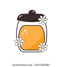Cute honey jar and flower in flat vector style. Graphic elements isolated on white backgroound for background, graphic,content  banner, sticker.