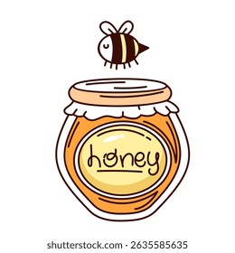 Cute honey jar with hand lettering and flying bee. Bright orange glass container with label and cloth cover. Fun groovy cartoon for food packaging, kids design. Vector illustration.