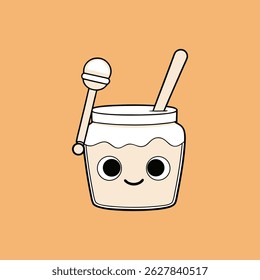 Cute honey jar illustration with honey dipper and spoon for kids