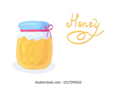 Cute Honey jar sketch in flat cartoon style. Organic sweet pure bee product in glass jar with hand drawing lettering. Packaging design element vector illustration isolated on white background.