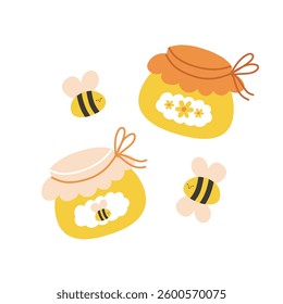Cute honey jar vector with bees – kawaii children's illustration for organic honey designs and decor