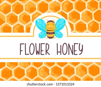 Cute honey label with happy smiling bee for food jar. Honeycomb banner. Vector cartoon flat illustration. 