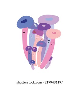 Cute honey mushrooms. Happy fairytale mushrooms. Funny fairy tale mushrooms with adorable faces. Baby fiction. Childish flat vector illustration isolated on white background