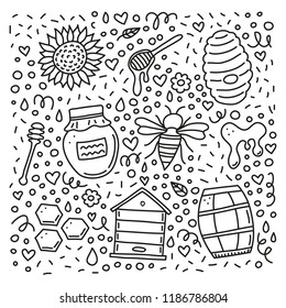 Cute honey outline doodles with lines, dots, symbols isolated on white background.