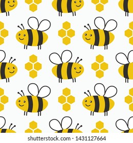 Cute honey seamless pattern. Bees kids background. Vector illustrstion.