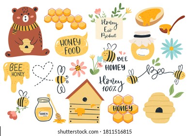 Cute honey symbols. Hand drawn honey jar, honeycomb and bee insects, funny honey doodle beekeeping farm isolated vector illustration set. Bear holding beehive, organic product icons