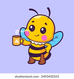 Cute Honeybee Drinking Coffee Cartoon Vector Icon Illustration. Animal Drink Icon Concept Isolated Premium Vector. Flat Cartoon Style