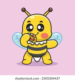 Cute Honeybee Eating Pizza Cartoon Vector Icon Illustration. Animal Food Icon Concept Isolated Premium Vector. Food And Drink Cartoon Style