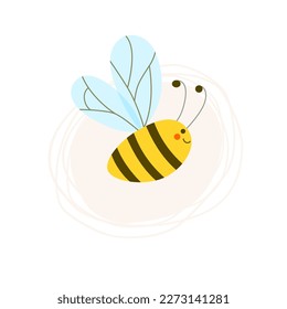 Cute honeybee with eyes and mouth in flight. Side view. Happy bumblebee flying in profile. Logo for bee farm. Vector children's illustration in cartoon style on white isolated background. 