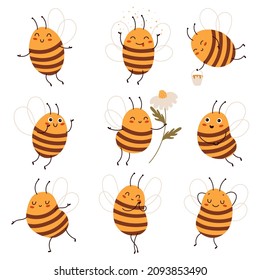 Cute honeybee. Funny honey getters characters in various states and poses. Cartoon working winged insects. Buzzing mascot with chamomile flower. Yellow striped wasps. Vector bees set