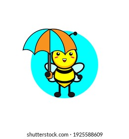 Cute honeybee illustration design carrying an umbrella