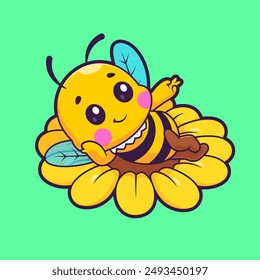 Abeja de miel linda puesta en la ilustración del Vector de dibujos animados de la flor. Icono de Naturaleza animal concepto de Vector Premium aislado. Estilo plano de dibujos animados