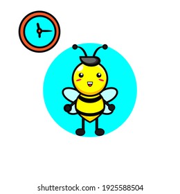 Cute honeybee near clock illustration design
