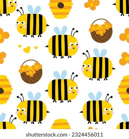 Cute honeybees seamless pattern. Seamless background with bumble bees. Simple pattern. Vector illustration.
