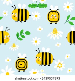 Cute honeybees seamless pattern. Seamless background with bumble bees. Simple pattern. Vector illustration.