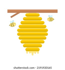 Cute honeycomb with dripping sweet honey on brown branch tree and fat bee frying cartoon character flat vector icon design.