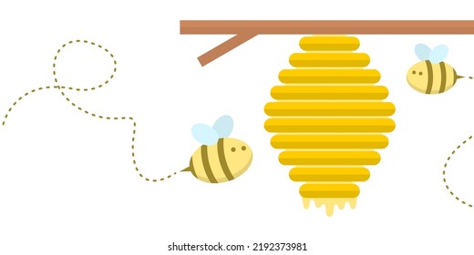 Cute honeycomb with dripping sweet honey on brown branch tree and fat bee frying path cartoon character banner flat vector icon design.