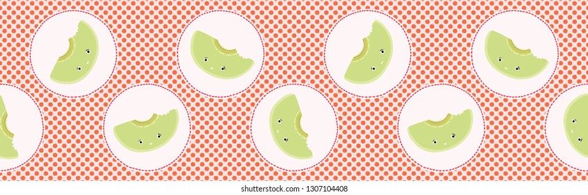 Cute honeydew melon polka dot vector illustration. Seamless repeating border pattern. Hand drawn kawaii dotty tropical background. 1950's style retro kitchen decor, kid banner ribbon, 5aday fruit .