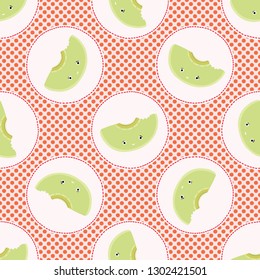Cute honeydew polka dot vector illustration. Seamless repeating pattern. Hand drawn kawaii juicy melon tropical background. 1950's style retro kitchen decor, kid textile, 5aday fruit all over print.