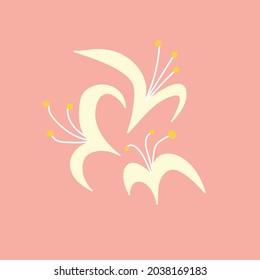 Cute honeysuckle flowers. Flowering white plants, hand-drawn on a pink isolated background. Cartoon style. Vector art. Printing a template, poster, logo.