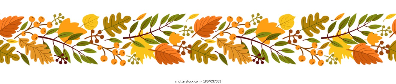 Cute horizontal banner with autumn leaves and berries. Leaf fall border. Seamless pattern. Vector illustration isolated on white background