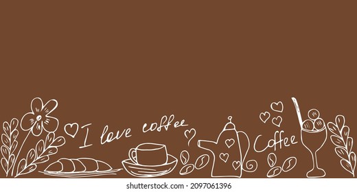 Cute horizontal banner decorated with coffee elements with a croissant. The concept is hand-drawn in a doodle style with the text I love coffee. Vector illustration isolated on a dark background