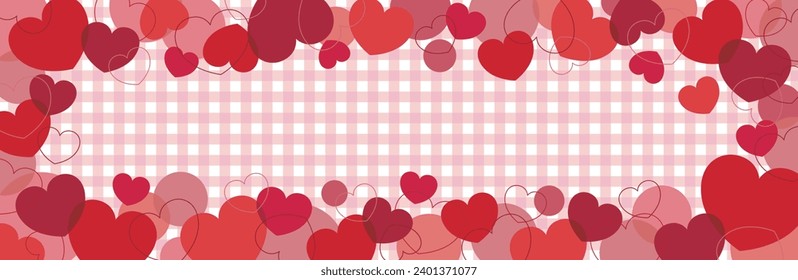 Cute horizontal banner frame with red hearts and pink gingham checks for Valentine's Day, weddings, etc.
