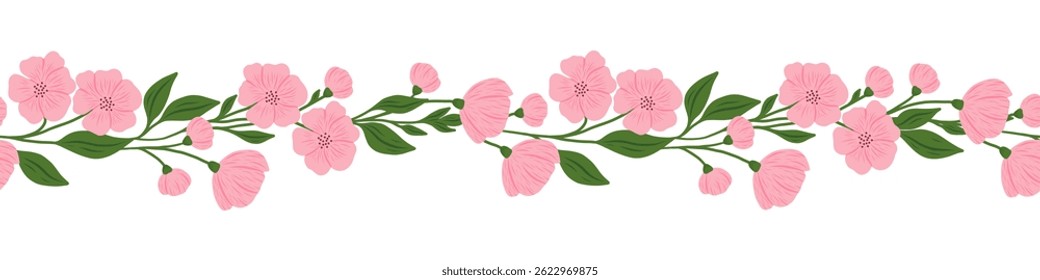 Cute horizontal banner with hand drawn blooming flowers. Floral seamless patterns border. Vector illustration on white background.	