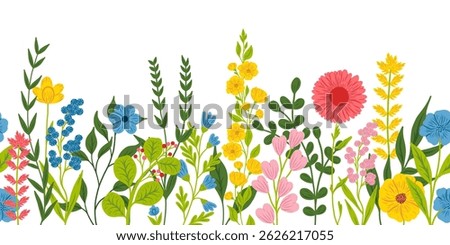 Cute horizontal banner with hand drawn blooming flowers. Floral seamless patterns border. Vector illustration on white background.	