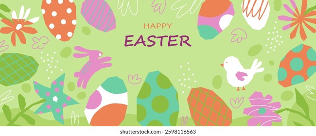 Cute horizontal banner of Happy Easter. Colorful Easter eggs, rabbit, chicken, flowers and abstract elements in naive minimalism style. Green background. Vector illustration.