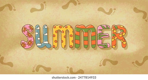 Niedlicher, horizontaler Banner mit Sandstruktur und Wortsommer und Fußabdruck darauf im Cartoon-Groovy-Stil