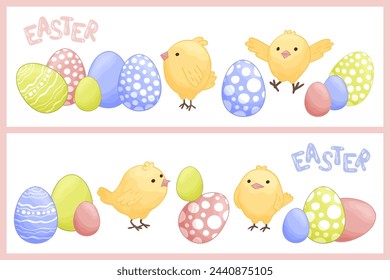 Cute horizontal banner set. Happy Easter eggs and chicken egg hunters.