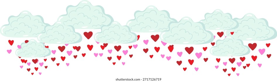borda horizontal bonito com nuvens azuis fofas e chuva de coração rosa vermelha sobre fundo branco vetor romântico ilustração cartões dia de namorados design