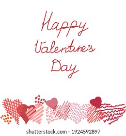 Cute horizontal border with hand drown doodle hearts. Ready template for Valentine's day cards, print, poster, party. Vector design.