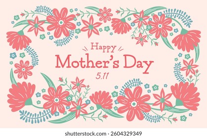 Cute horizontal card or banner template for Mother's Day: background frame with hand drawn carnation illustration