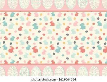 Cute horizontal easter background with copy space. Place for text. Scrapbooking design. Vector simple cartoon illustration. Holiday banner,invitation. Kids print with silhouettes bunny. Birthday card.