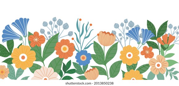 Cute horizontal floral poster decorated with gorgeous colorful blooming flowers and leaves. Spring botanical illustration on white background. Flat cartoon vector illustration