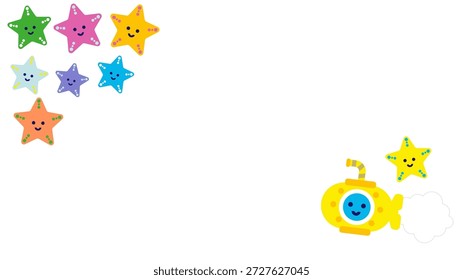 Una linda ilustración de marco Horizontal decorado con estrellas y un submarino.